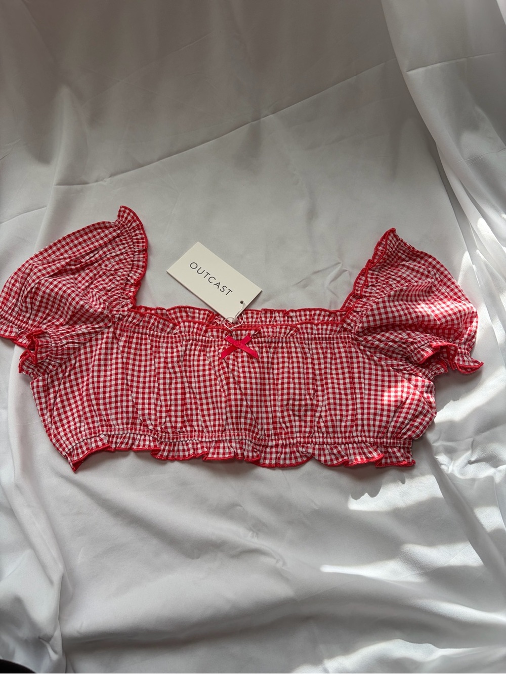 Outcast Red Gingham Puff-Sleeve Crop Top